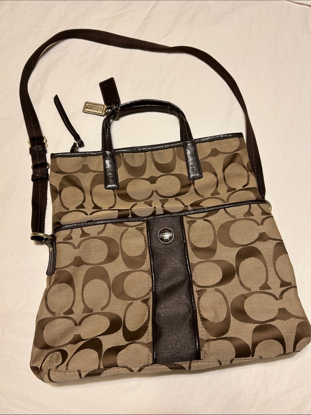 Coach Brown Signature Canvas Shoulder Bag with Leather Trim